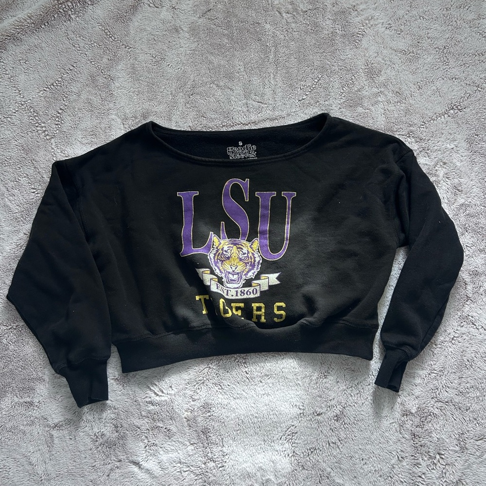 LSU off-shoulder cropped sweatshirt